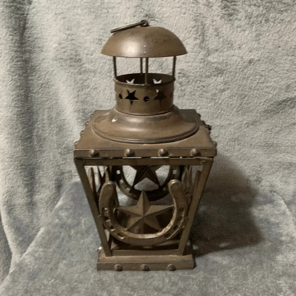 Rustic Metal Horseshoe Texas Star Lantern Western Farmhouse Decor Bronze 13.5in